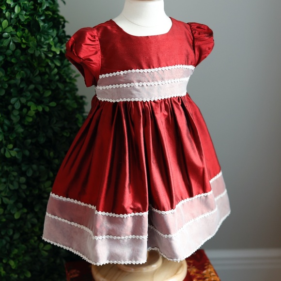 Girl's Red Shantung Silk Dress 18/24 Month Ivory Trim Special Occasion Portrait - Picture 2 of 8